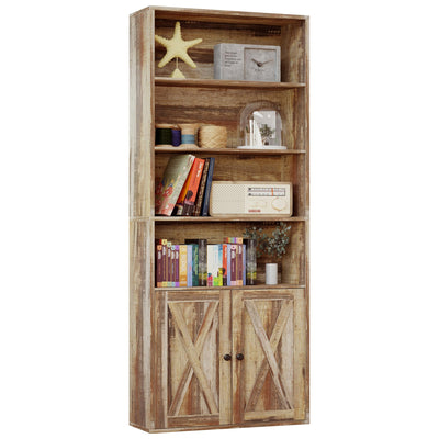 Industrial Brown 6-Tier Bookshelf with Doors – IRONCK Floor Standing Storage for Home Office and Living Room