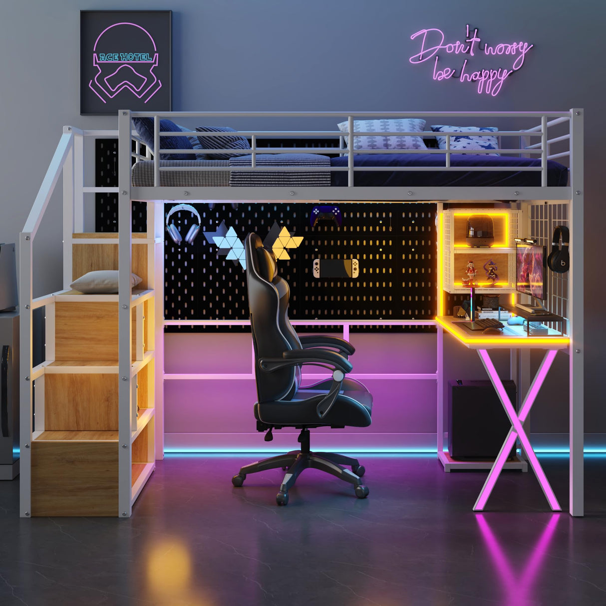 MERITLINE Twin Gaming Loft Bed with Desk and Storage Wardrobe& LED RGB,Metal Gaming Bed with Stairs and Storage Case,for Adults Teens MERITLINE