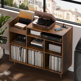 Cozy Castle Large Record Player Stand, Vinyl Storage Cabinet Mid Century Modern Turntable Stand Media Console Table Open Shelf Cube CD Album Holder Organizer for Living Room, Office, Rustic Brown Cozy Castle