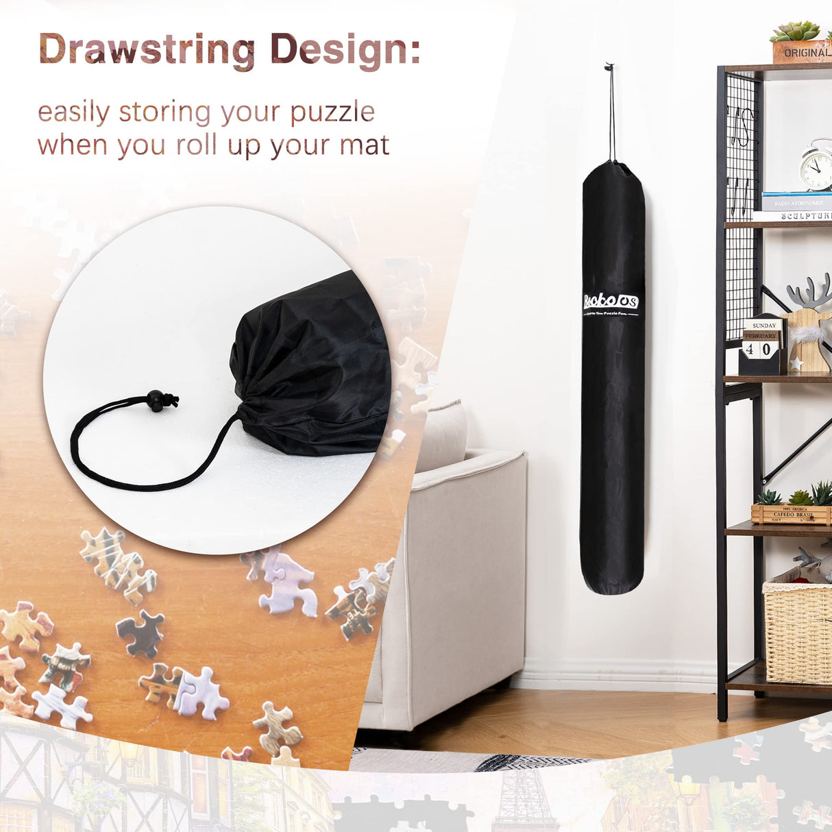 Becko US 2000-Pc Jigsaw Puzzle Mat Roll Up with Black Pump & Drawstring Storage Bag, Black Felt Mat for Easy Transport & Storage, Portable Puzzle Saver for 2000 1500 1000 500 Pieces Jigsaw Puzzles Becko US