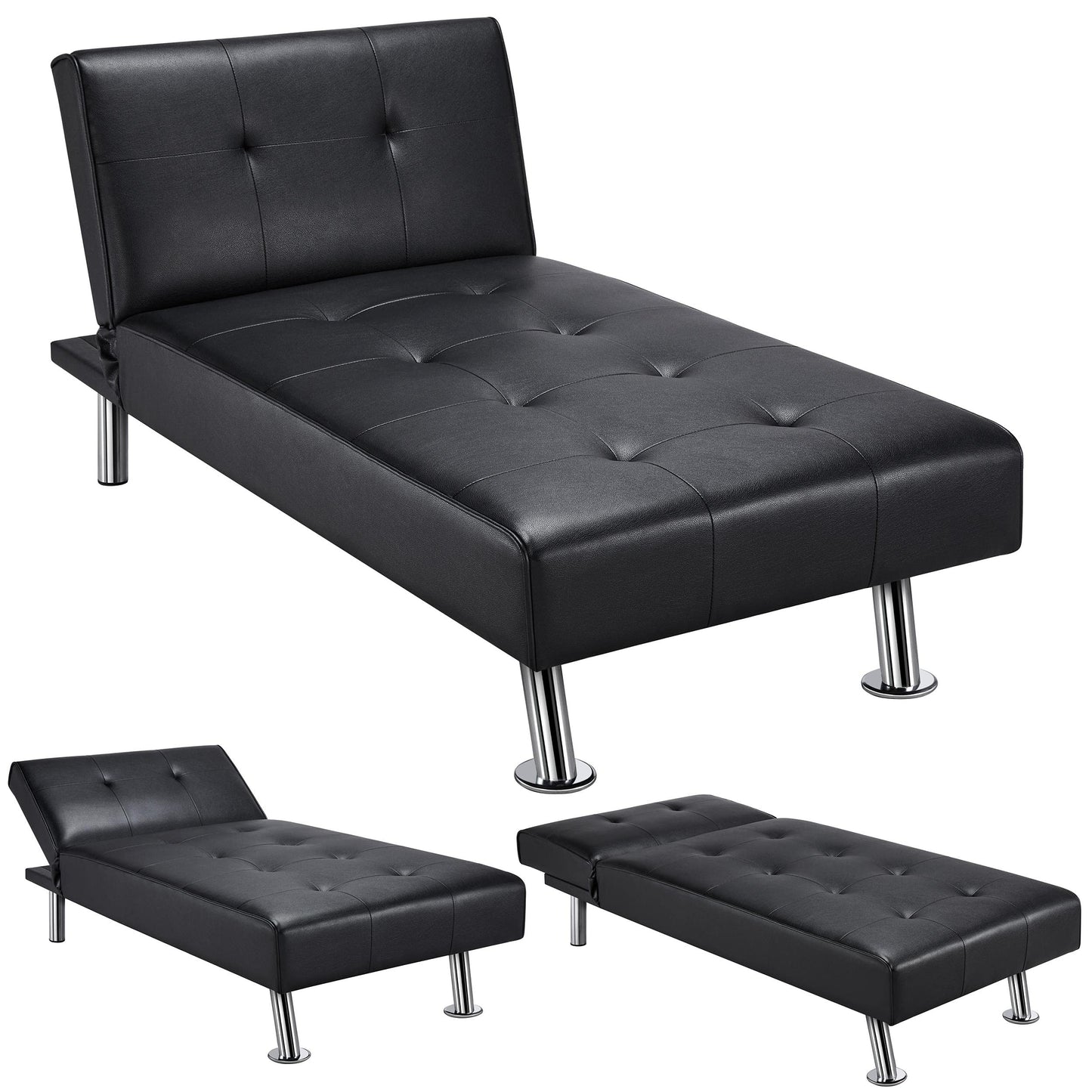 Yaheetech Faux Leather Sofa Bed Sleeper Convertible Futon Sofa Modern Recliner Couch Daybed with Chrome Metal Legs for Living Room Black