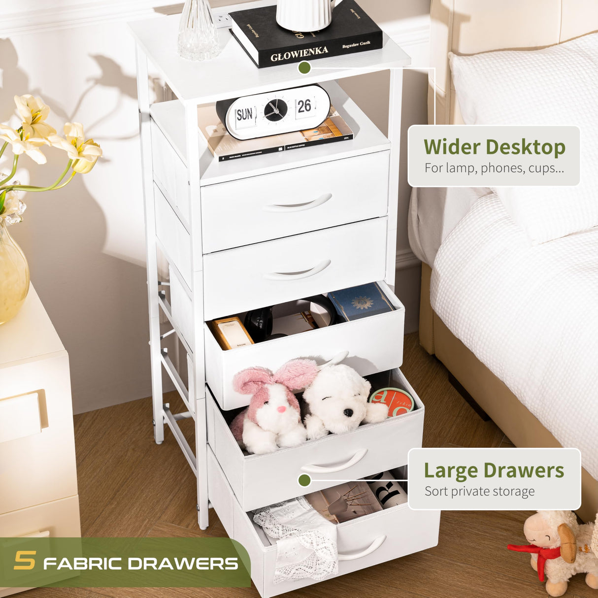 Yoobure 5 Drawers Dresser for Bedroom, Tall Nightstand with Charging Station, Fabric Dresser for Closet with Storage Shelf, Vertical Dressers Chest LED Night Stand, Bedside Table for Dorm Living Room Yoobure