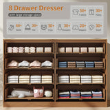 NOVAMAISON Fluted Dresser for Bedroom with 8 Drawer, 55” Wide Wooden Dresser Mid Century Chest of Drawers w/Gold Handle, Fluted Dressers TV Stand Closet Storage Organizer for Living Room, Natural Oak NOVAMAISON