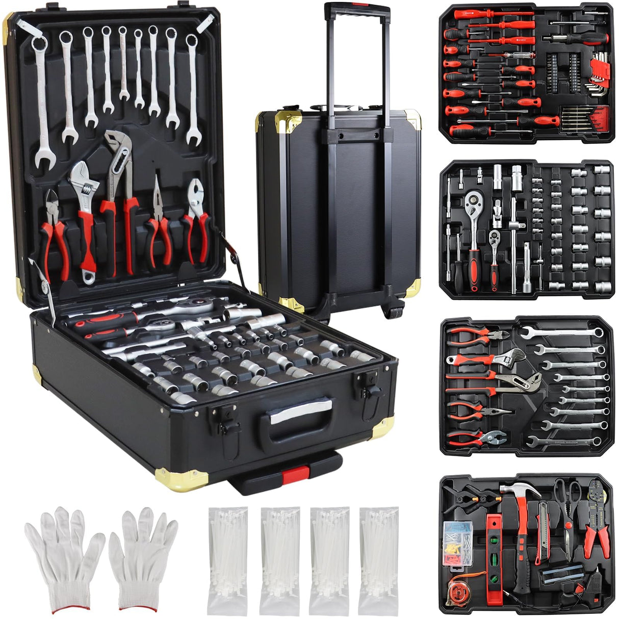 899pcs Home Repair Tool Set Kit for Men, Toolbox Storage Case with 4 Drawers, General Household Tool Kit with Rolling Tool Box, Tool Set Kit for Maintenance, Garden, Homeowner, Handyman -Black Buzleer