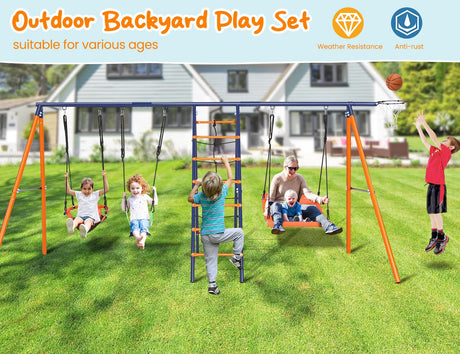 Swing Sets for Backyard, 6 in 1 Swing Set Outdoor for Kids 3-12, 700 lbs Heavy Duty Metal Toddler Playset Swingset for Playground with 3 Adjustable Swings, Basketball Hoop, Climbing Ladder and Nets Soldow
