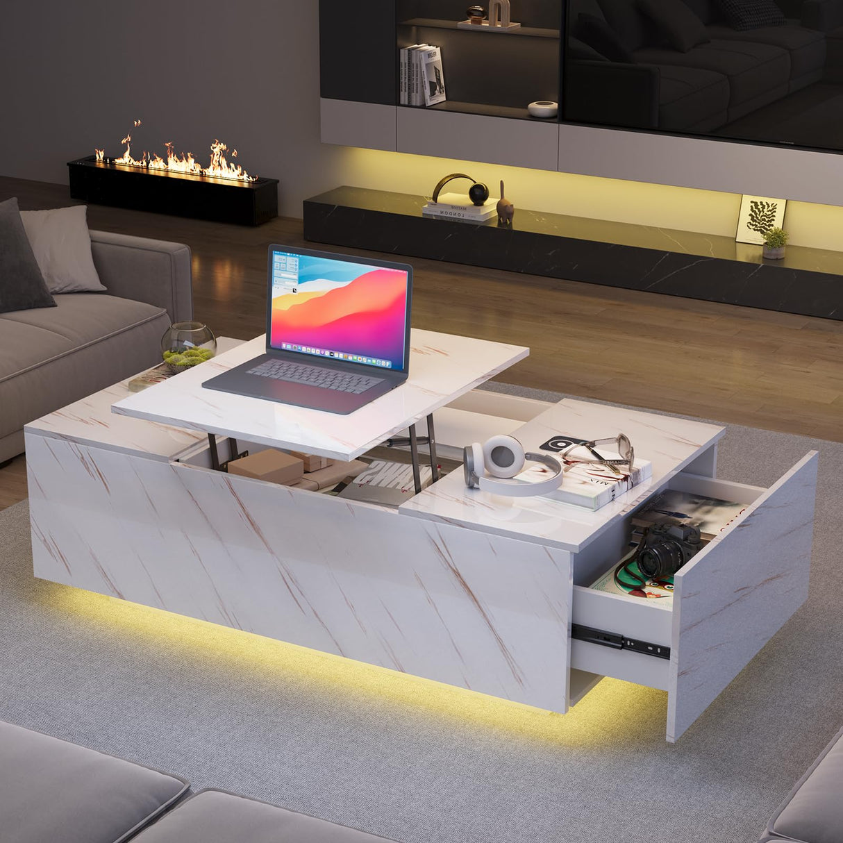 Lift Top Coffee Table, High Glossy Coffee Table with Wireless Charging and Speaker, Modern Coffee Table with 24 Colors LED Lights, Center Table with Drawer and Hidden Compartment for Living Room White PPorfamilia