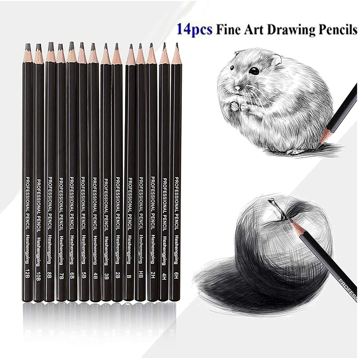 Heshengping Drawing Sketch Pencil Set 14pcs Sketching Pencils 12B 10B 8B 7B 6B 5B 4B 3B 2B B HB 2H 4H 6H Graphite Pencils for Kid Adults Artists Student Beginners Professional Heshengping