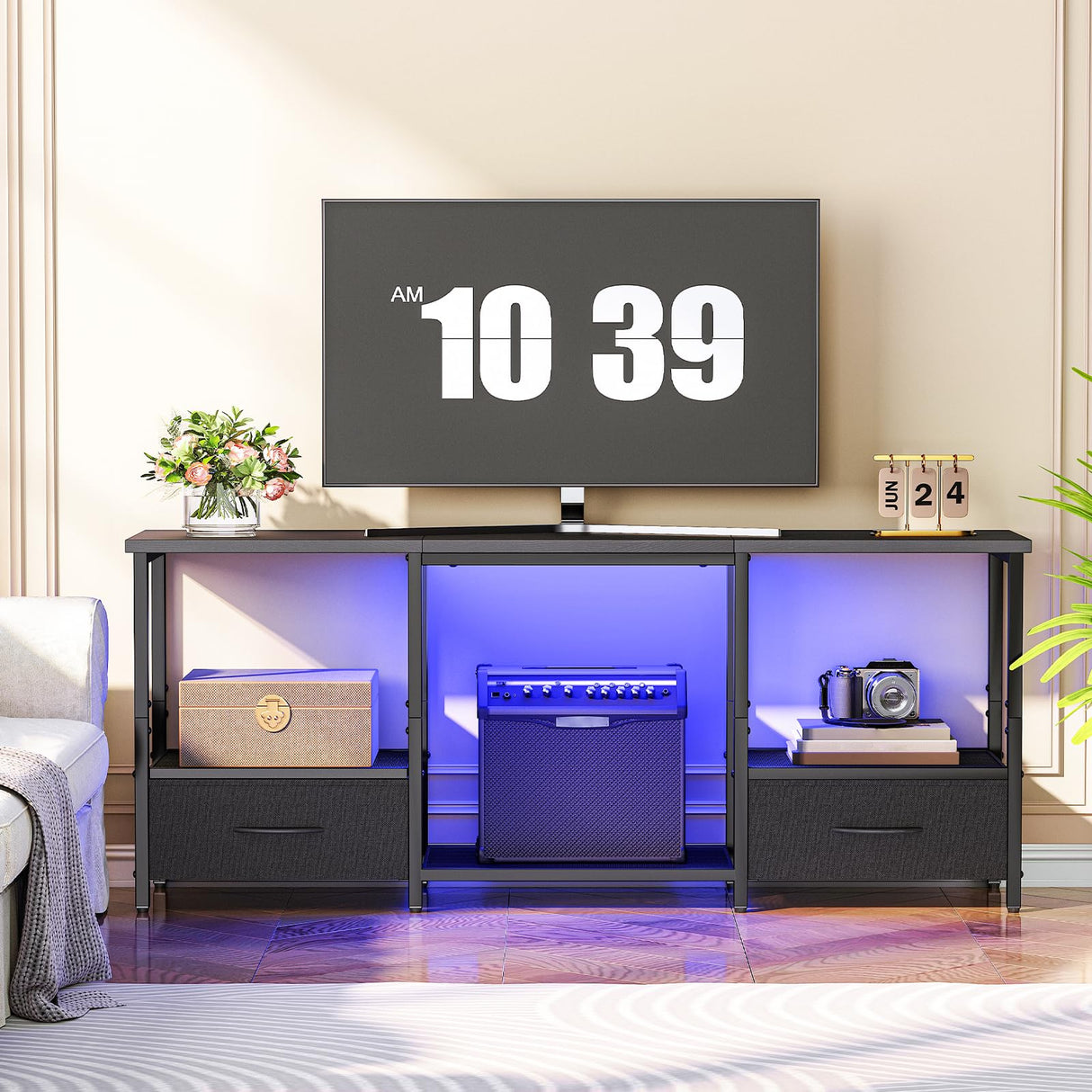 HOOBRO LED TV Stand with Storage, LED Entertainment Center with Open Shelves and Drawer, Fits TVs up to 55", Television Stand for Living Room, Bedroom, Black BB123DDS01 HOOBRO