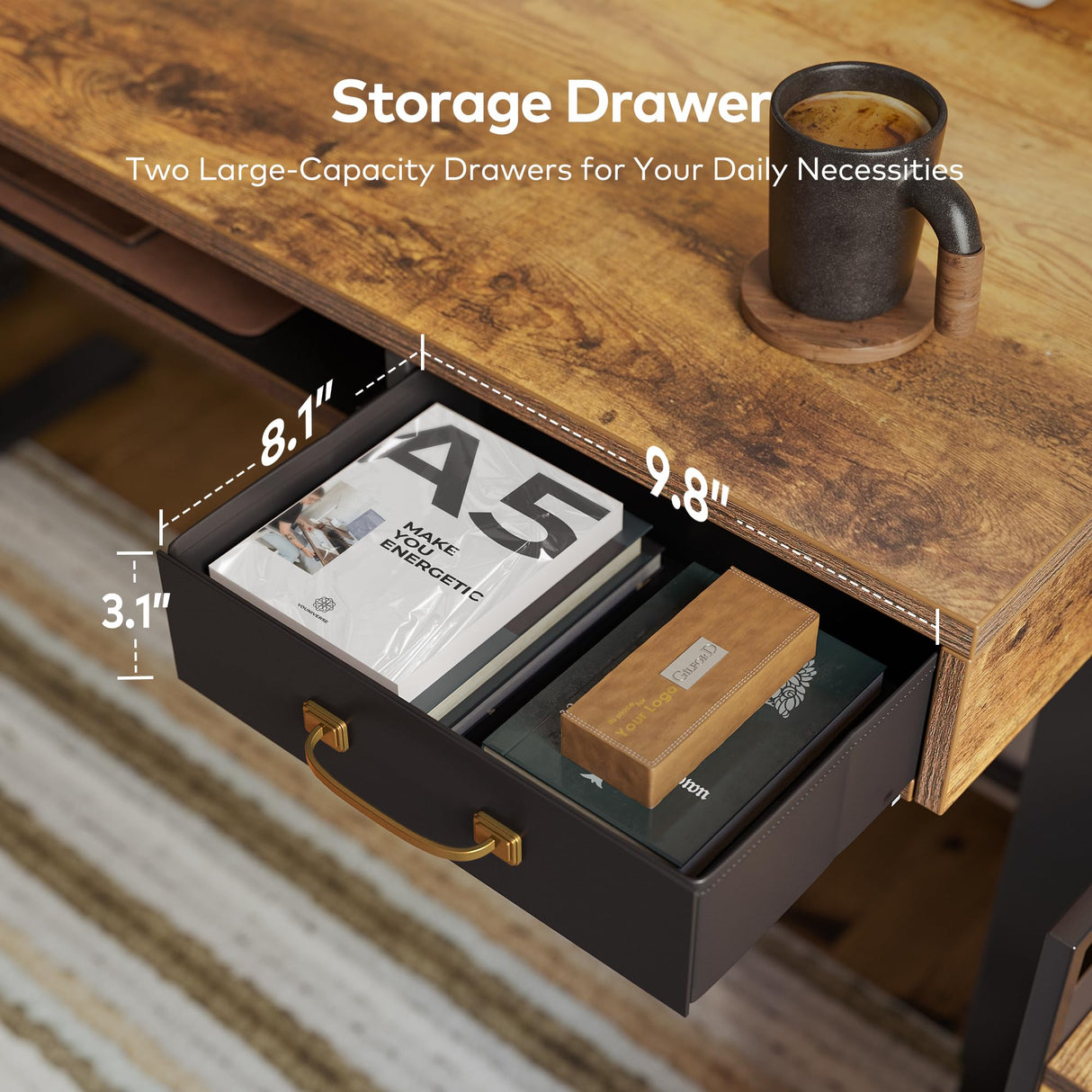 FEZIBO 48 x 24 Inch Height Adjustable Electric Standing Desk with Double Drawers&Keyboard Tray, Stand Up Desk with LED Strips&Stand,Rustic Brown FEZIBO