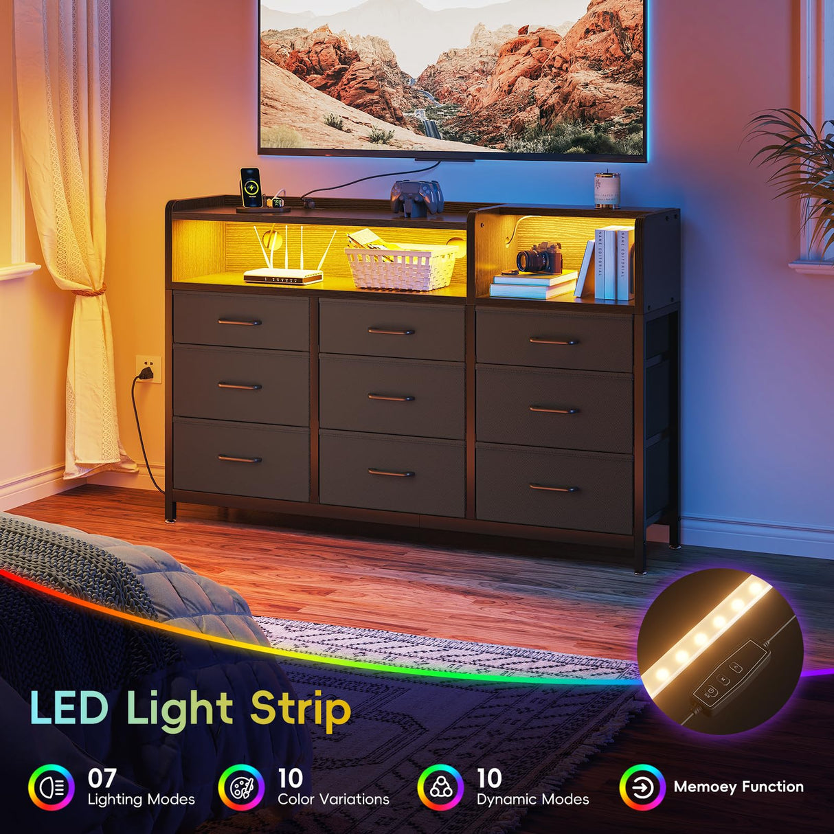 Casaottima Dresser for Bedroom with LED Lights, 9 Drawer Bedroom Dresser with Charging Station, Fabric Dressers & Chest of Drawers with Shelves for Closet, Sturdy Steel Frame Wooden Top, Black Casaottima