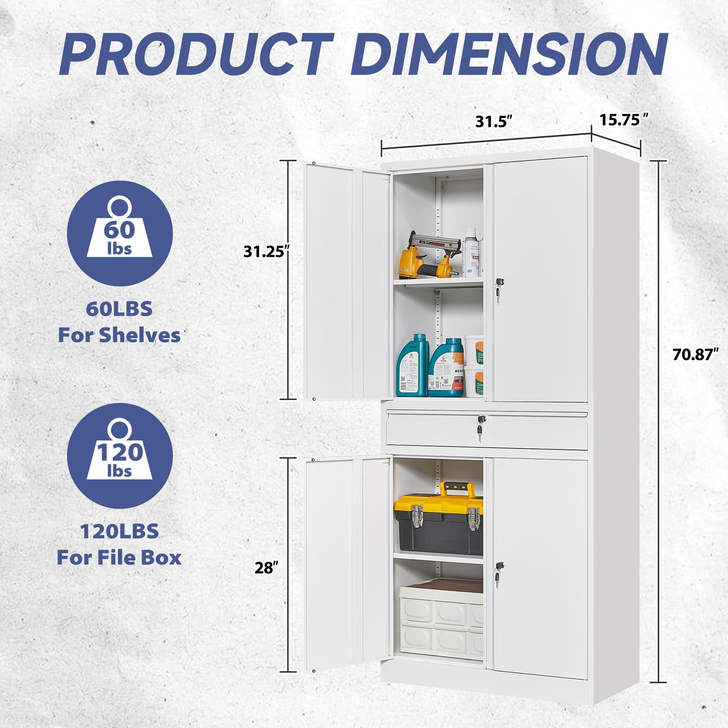 NODHM Inches Metal Storage Cabinet with Wheels, 72" Garage Storage Cabinet with Locking Draw and Adjustable Shelf, Tool Storage Cabinet for Garage, Home, Office, Gym, School (White, No Wheel) - WoodArtSupply