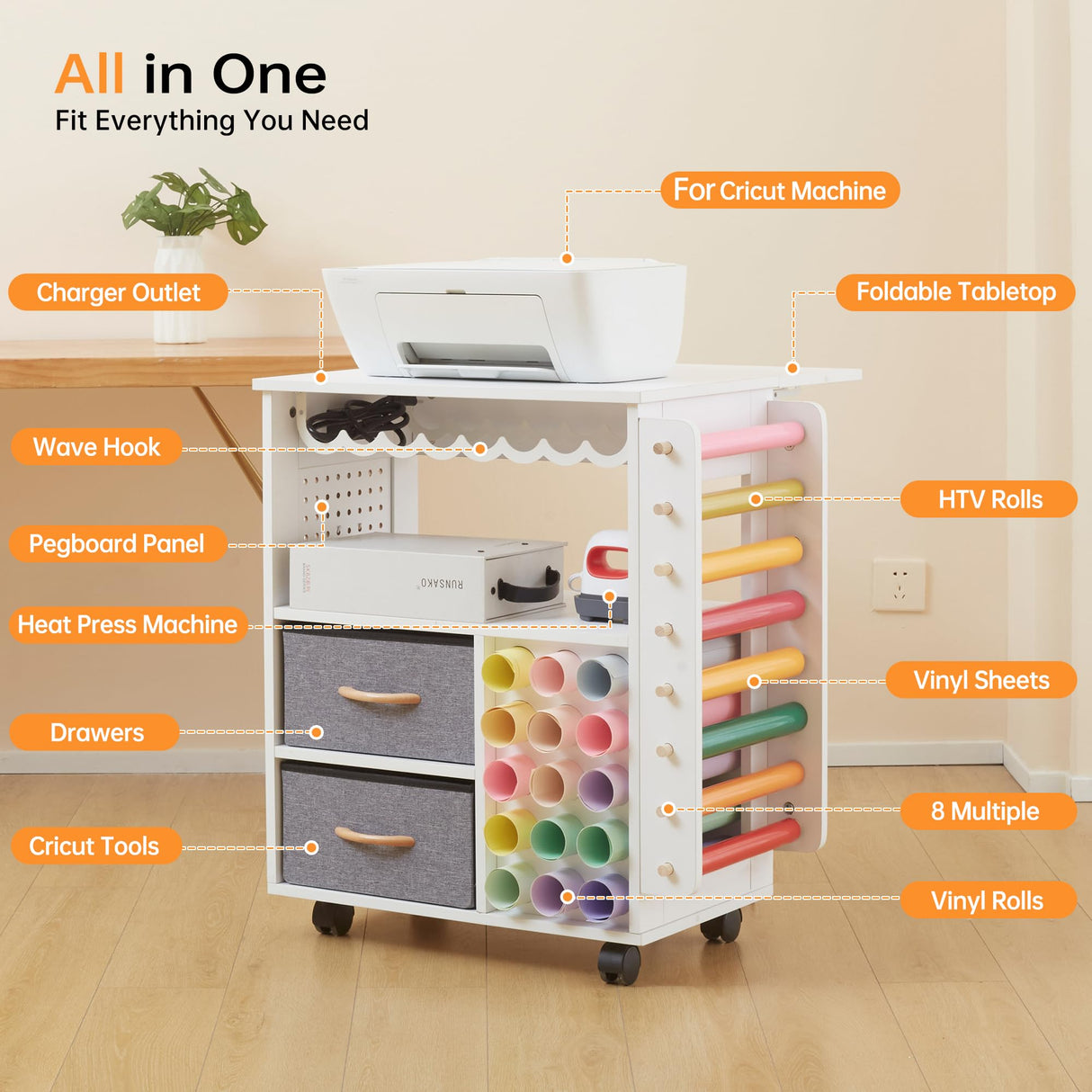 CRAFTEASE Rolling Craft Cart and Storage Table Compatible with Craft Machines Foldable Crafting Cabinets w/2 USB Ports and Outlets 31 Vinyl Rolls Holder Heat Press Organizer Workstation for Craft Room CRAFTEASE