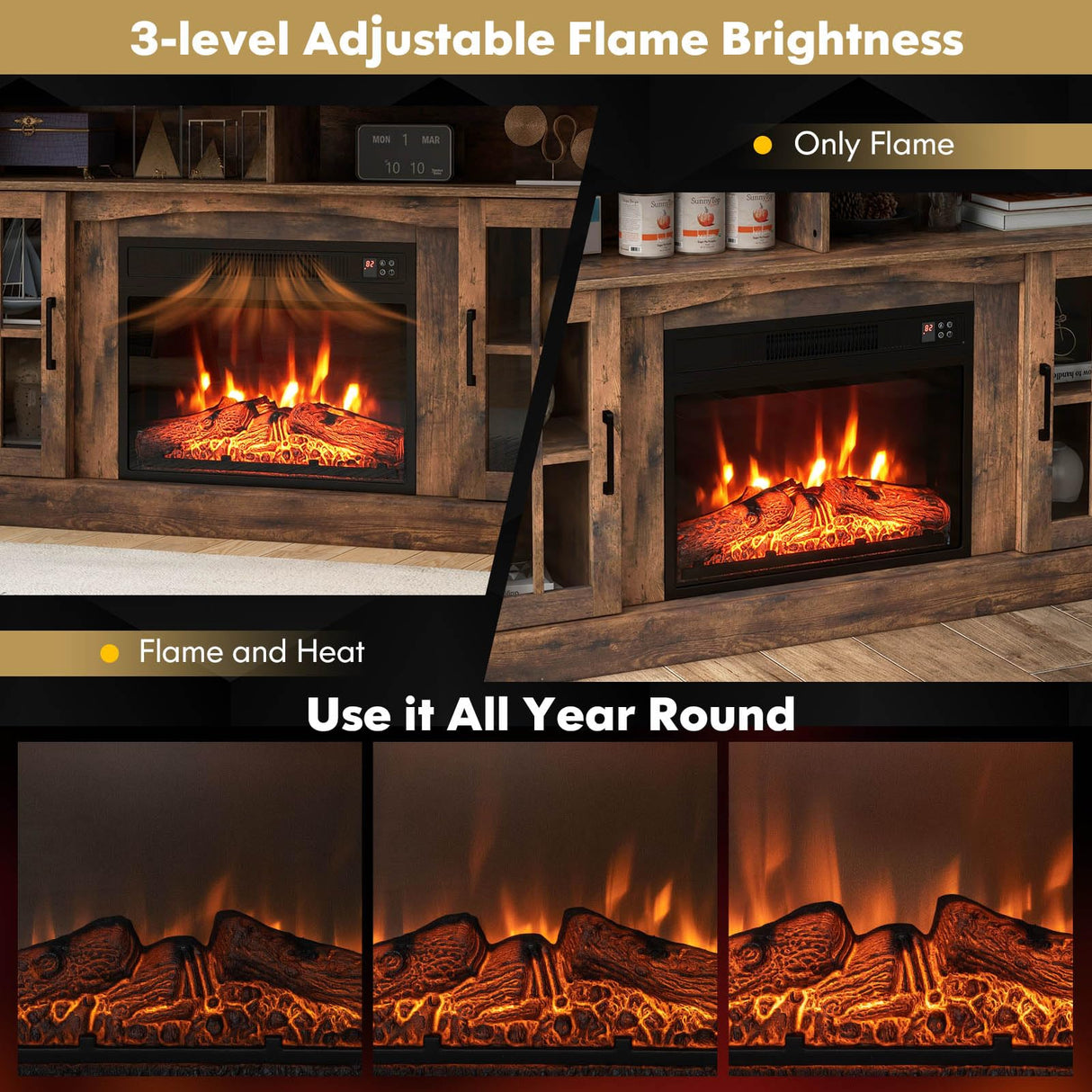 COSTWAY Electric Fireplace TV Stand for TVs Up to 65 Inches, 1400W Heater Insert with Remote Control, 6H Timer, 3-Level Flame, Overheat Protection and CSA Certification, Adjustable Shelves, Brown COSTWAY