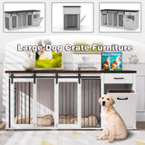 YOCONYO Large Dog Crate Furniture Large Breed,71 Inch Wooden Dog Crate with Tilt Out Trash Cabinet,Drawers,Divider and Sliding Barn Door, Double Doors Dogs Crate for 2 Dogs (White) YOCONYO