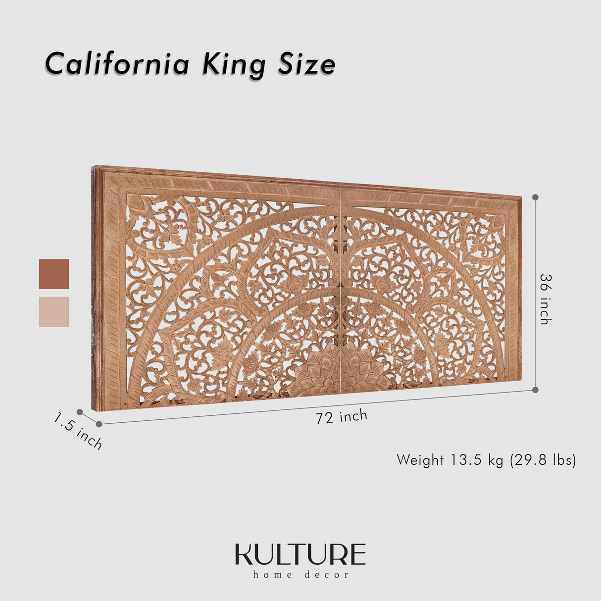 King Wood Headboard | Carved Full Headboard Only | Wooden Headboard Full Size Bed | Wall Mount Headboard King | Full Bed Headboard Panels (Cal King, Sumber, Natural) KultureDeco