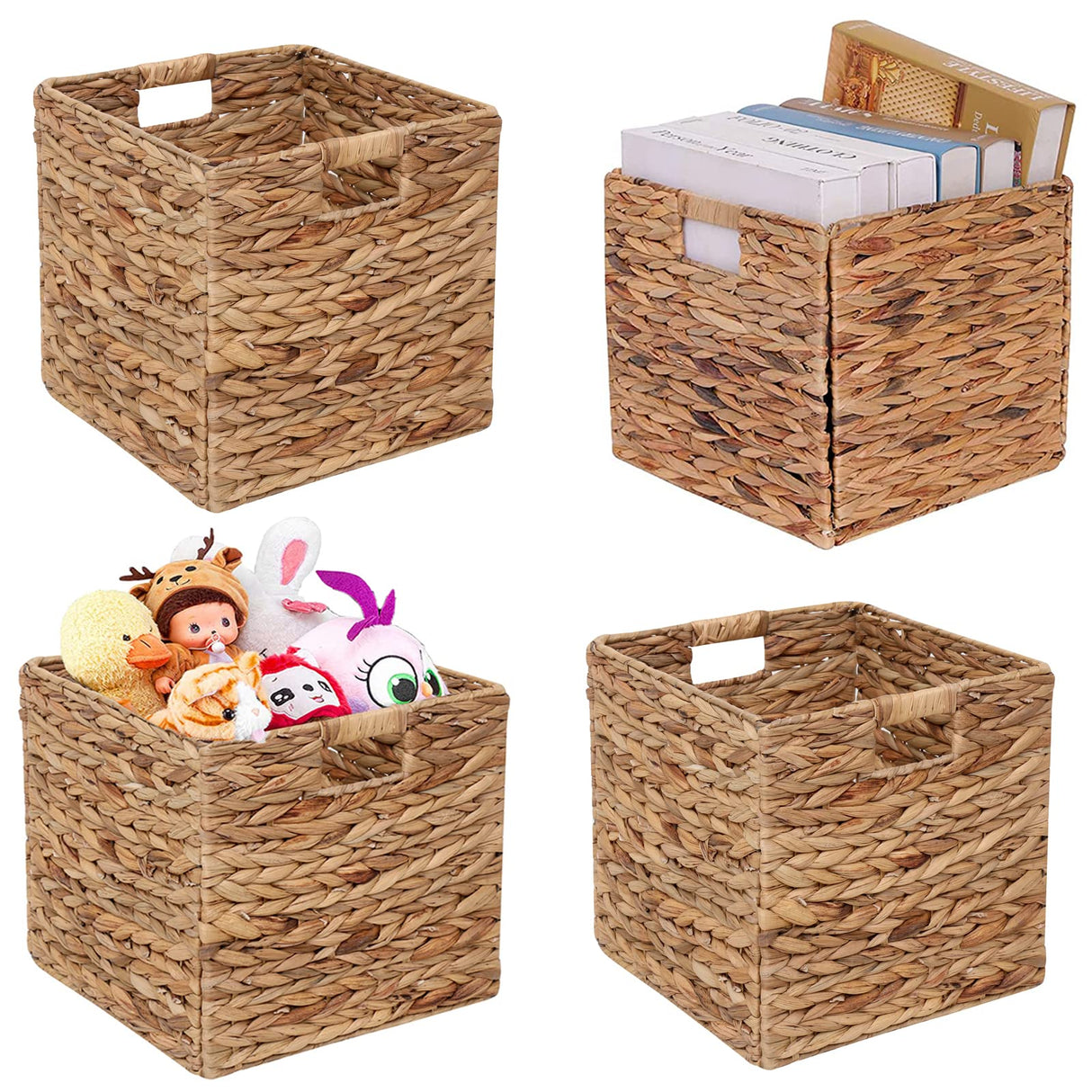 JGJCYO9 Storage Baskets Wicker Cube Baskets Foldable Handwoven Water Hyacinth Laundry Organizer,Cube Storage Baskets,Set of 4 pcs Baskets-11x11x11inch JGJCYO9