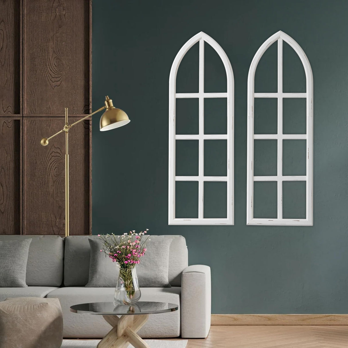 Sintosin Hanging White Wood Arched Window Frame Set of 2, Handmade Distressed Finish Rustic Window Frame Wall Decor, Farmhouse Faux Window Frame Living Room Dining Room Enteyway Hallway Bedroom Sintosin