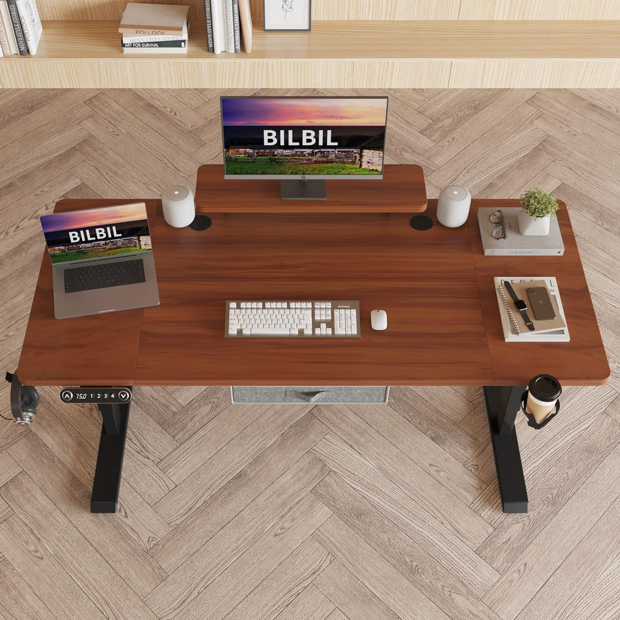 bilbil Electric Standing Desk with Drawer, 63x30 Inches Adjustable Height Sit Stand Up Desk with Storage Shelf, Home Office Desk Computer Workstation with Dark Walnut Top/Black Frame bilbil