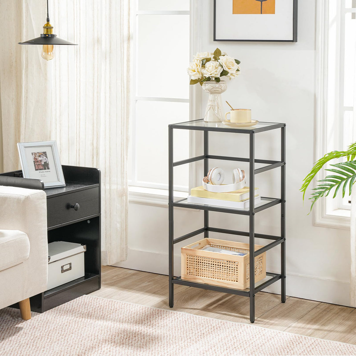 HOOBRO 3-Tier Bookcase, Tempered Glass Bookshelves, Record Storage Rack with Side Fence, Storage Shelves for Bathroom, Slim Shelving Unit for Living Room, Home Office, Black BK81CJ01 HOOBRO