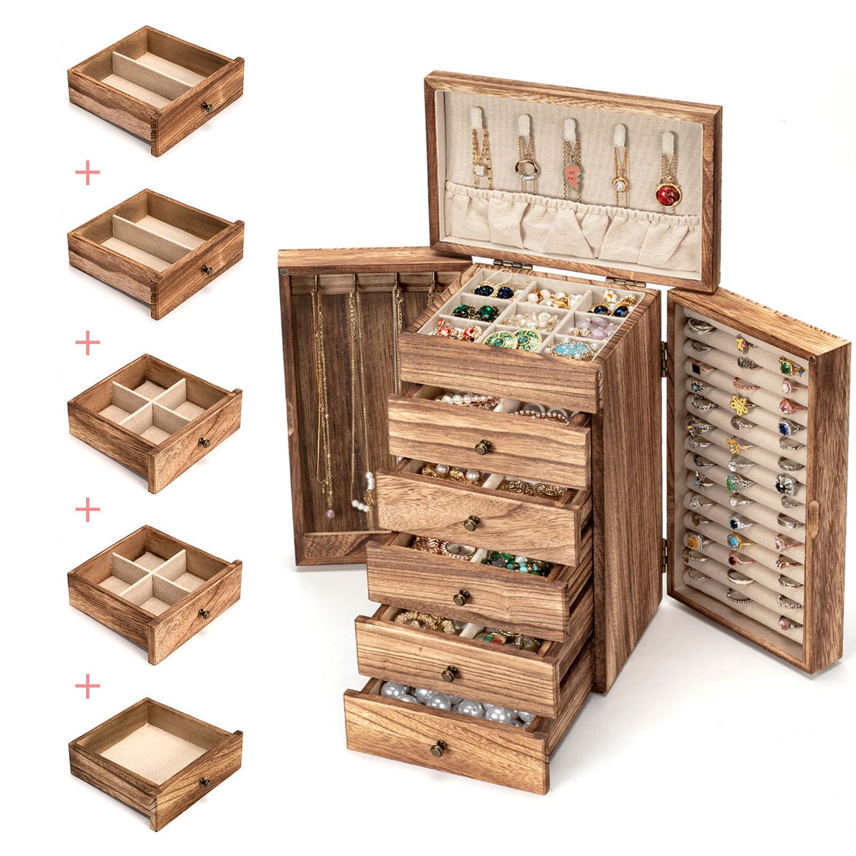 Poyilooo Large Jewelry Boxes for Women Girls, 9"x 5.9"x 12" Wooden 5-Layers Jewelry Organizer and Storage With Drawer, Suitable for Earring, Ring, Necklace, Bracelet. Gifts for Women Poyilooo