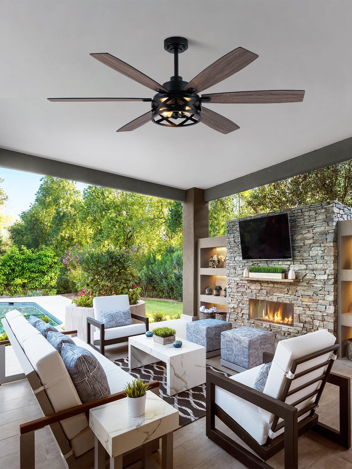 Curve Curio 60 Inch Farmhouse Ceiling Fan with Light Black Rustic Ceiling Fan Reversible DC Motor Caged Chandelier Fan for Living Room Bedroom Curve Curio