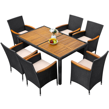 Greesum 7 Pieces Outdoor Patio Dining Set, Conversation Sets with 1 Table and 6 Rattan Chairs with Curved Acacia Wooden Armrests and Cushions, Black Greesum
