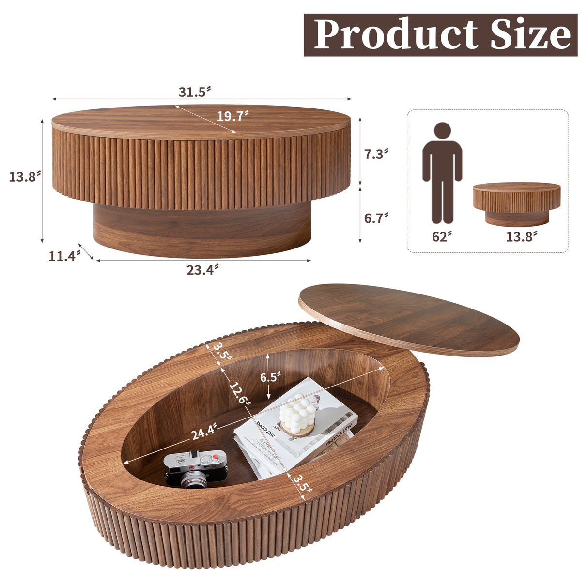 Janmer Home Oval Coffee Table with Hidden Storage, 31.5 Inch Wide Modern Coffee Table, Center Table with Fluted Veneered, Accent Tea Table for Small Space Living Room Apartment (Walnut) Janmer Home