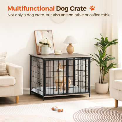 MAHANCRIS Dog Crate Furniture with Cushion, Wooden Dog Kennel with Double Doors, Heavy Duty Dog Cage for Small/Medium/Large Dogs, Indoor Dog House End Table, 31.5" L, Greige DCHG0701 - WoodArtSupply