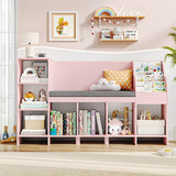 HOSTACK Pink Kids Reading Nook Bookshelf with Storage Cubbies and Bench HOSTACK