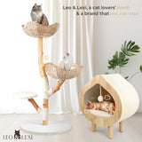 Real Wood Modern Cat Tree Tower, Cat Scratching Post with Bed for Indoor Cats Large Adult, Solid Wooden Climbing Tower, Cute Wicker Condo, Aesthetic Stand, Boho Luxury Pet Furniture LEO & LEXI