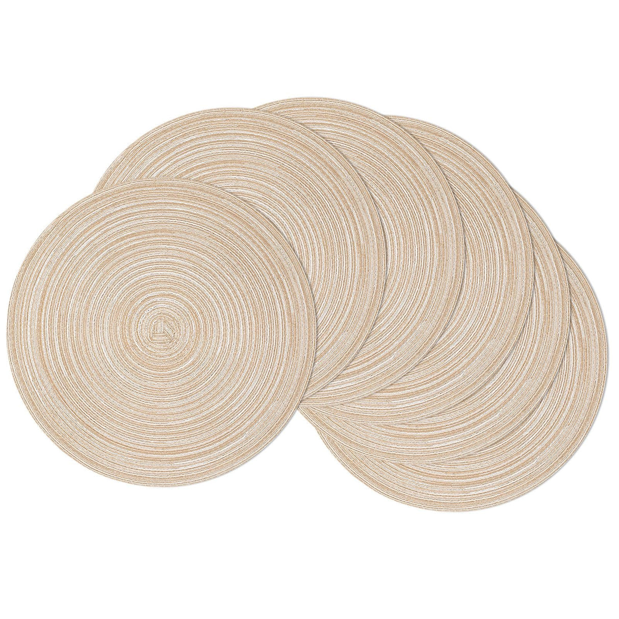 SHACOS 15 inch Round Braided Placemats Set of 6 Non Slip Heat Resistant Cotton Polyester Table Mats Washable Place Mats for Kitchen Dining Party Table Decor (Beige, 6) SHACOS