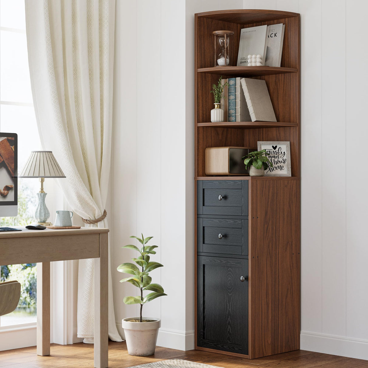IRONCK Corner Bookshelf and Bookcase, 71" H Wooden Book Shelves 3 Tier with Drawers and Storage Cabinet for Living Room, Office, Bedroom, Brown and Black IRONCK