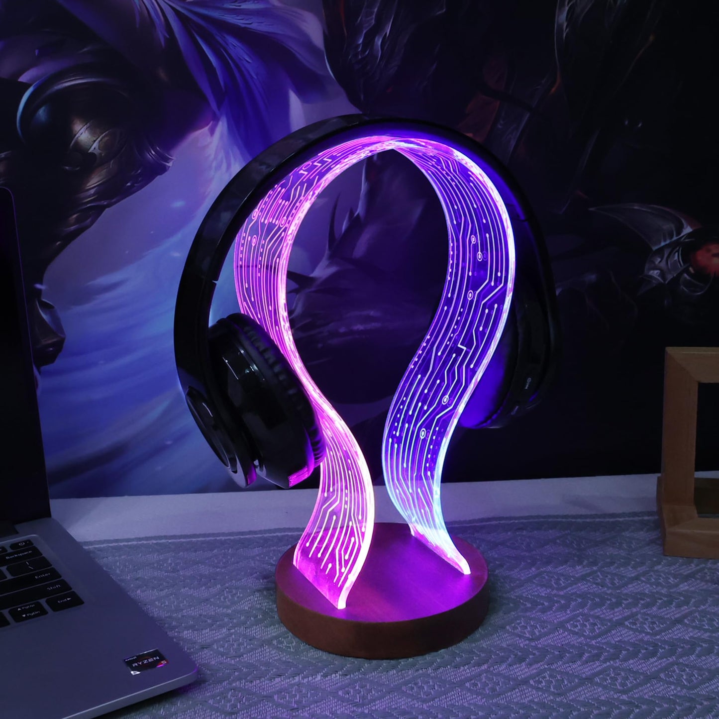 YuanDian Headphone Stand, Wood Headset Holder with Blue Pink LED Night Light for Gamers, Men, and Music Lovers - Ideal Desk Gift Idea