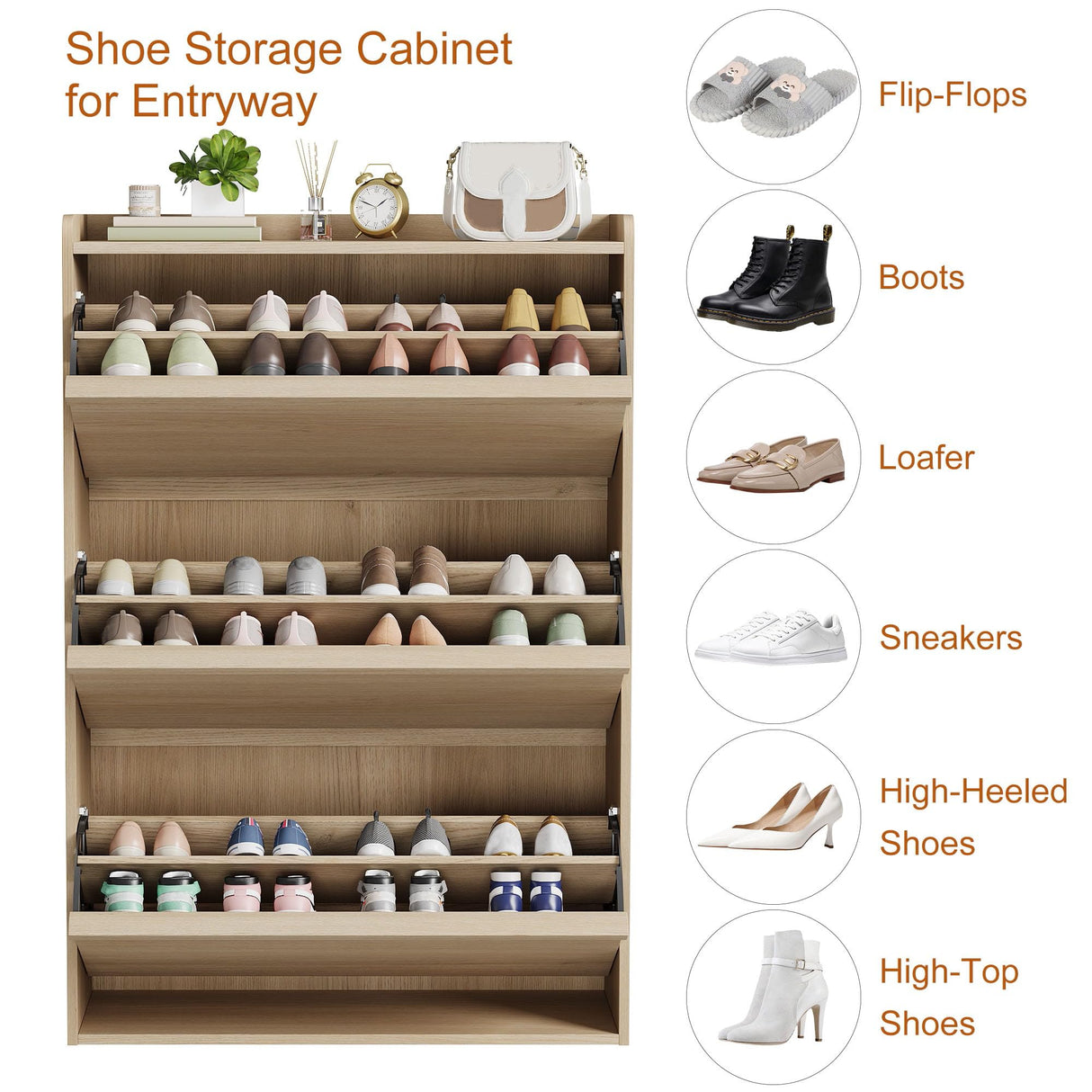 GarveeHome Shoe Cabinet with 3 Flip Drawers, Wooden Shoe Organizer with Adjustable Shelf, Shoe Storage for Entryway, Hidden Shoe Cabinet for Hallway, Living Room, Natural Oak GarveeHome