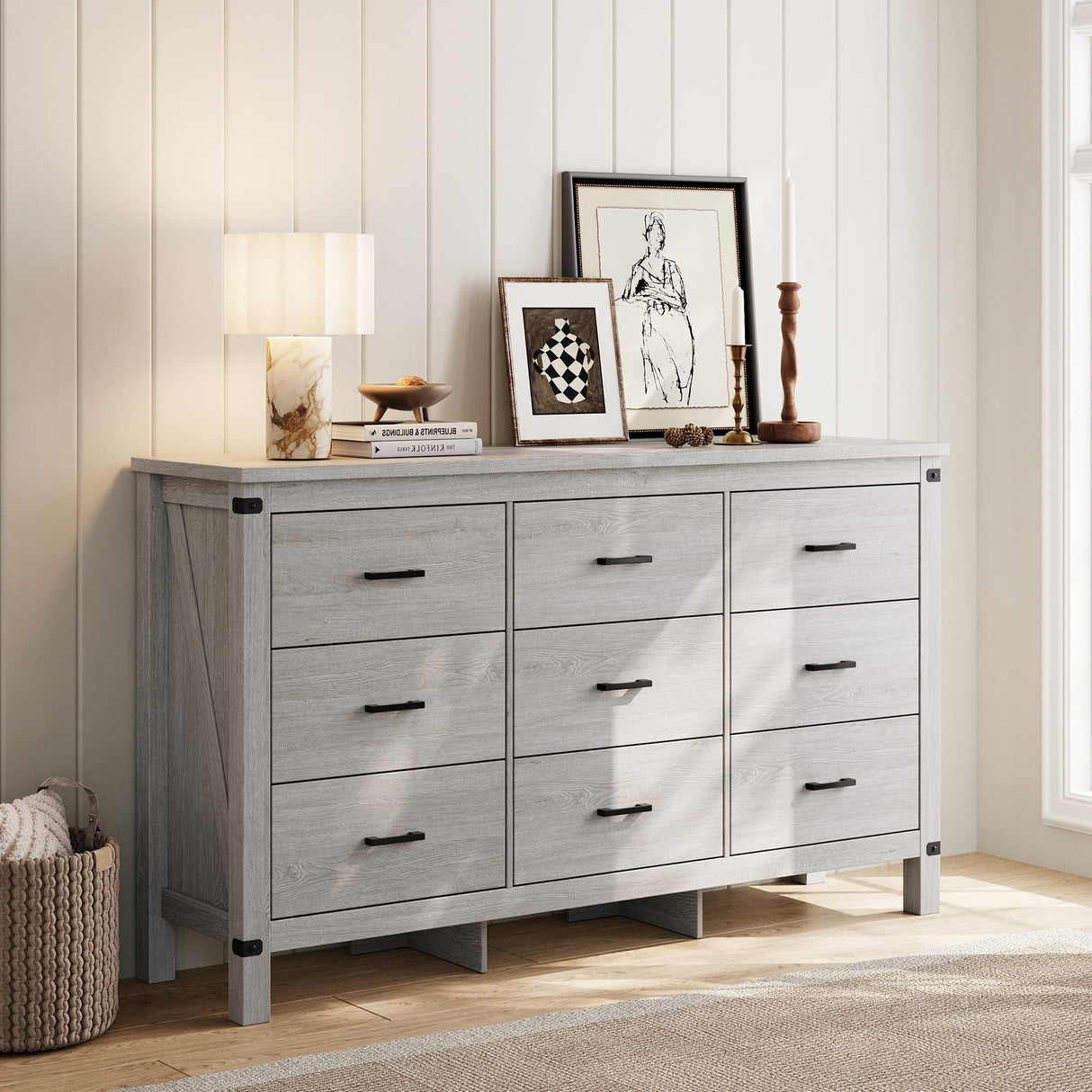 LINSY HOME Dresser for Bedroom with 9 Drawers, 59” Wide Chest with Deep Drawer, Modern Farmhouse Dresser TV Stand with Metal Handles, Wood Storage Cabinet for Closet, Living Room, Hallway, Wash Grey LINSY HOME