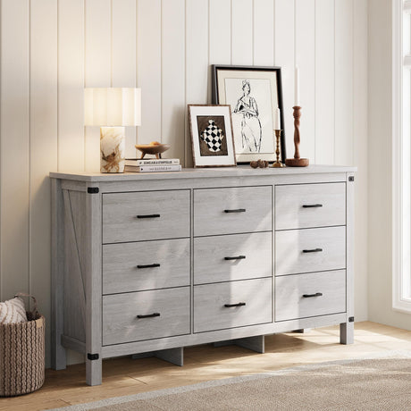 LINSY HOME Dresser for Bedroom with 9 Drawers, 59” Wide Chest with Deep Drawer, Modern Farmhouse Dresser TV Stand with Metal Handles, Wood Storage Cabinet for Closet, Living Room, Hallway, Wash Grey LINSY HOME
