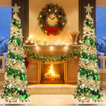 Dual Color Change & Timer - 5FT Pop Up Christmas Tree, Tinsel Christmas Tree 50 Warm White & Colored Lights 8 Mode 3D Star Sequins 1 Minute Collapsible Pencil Christmas Tree Home Indoor Party