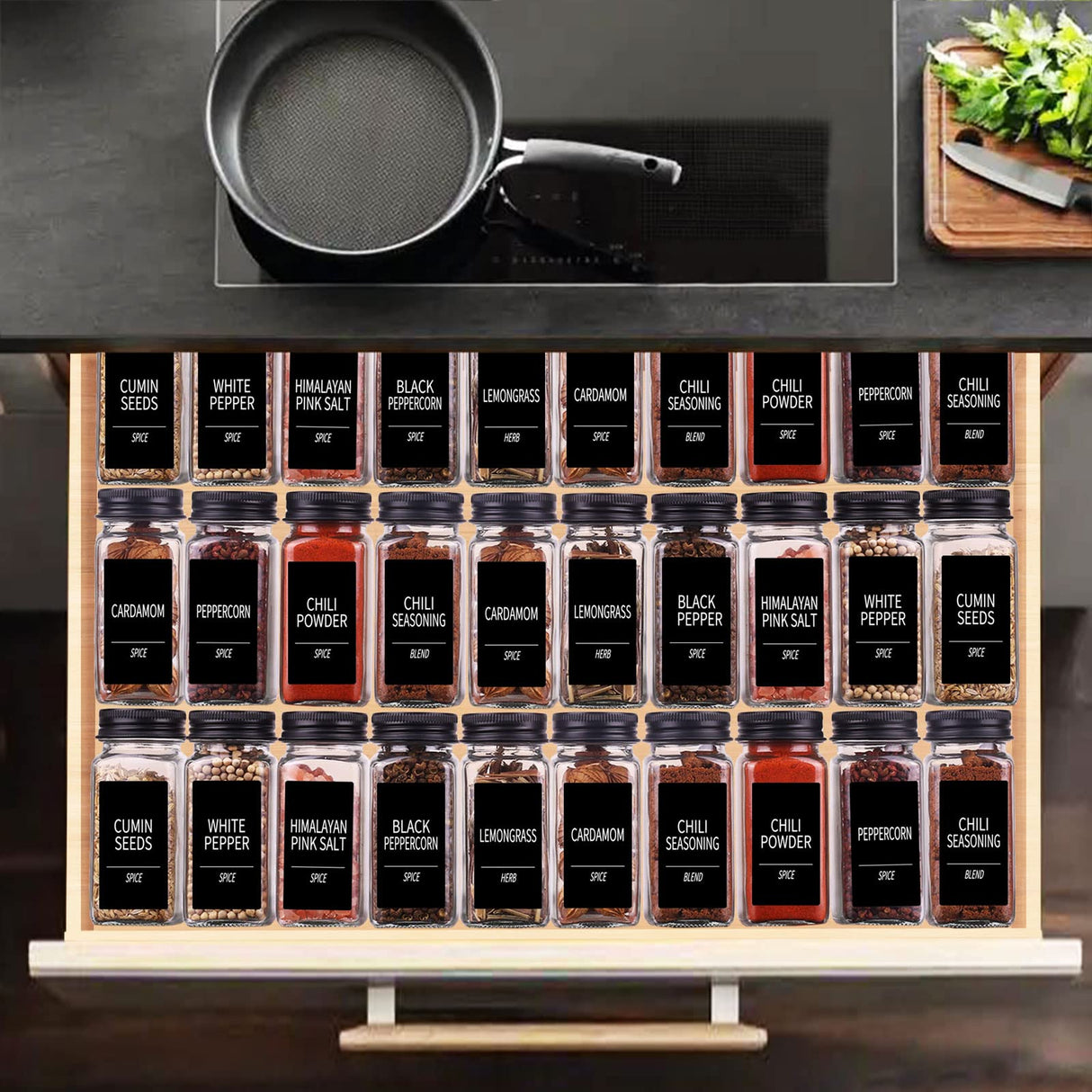 Churboro 66 Spice Jars with 547 Labels- Glass Spice Jars with Black Metal Caps, 4oz Empty Spice Containers with Shaker Lids, Funnel, Chalk Pen, Square Seasoning Bottles for Spice Rack, Drawer, Cabinet Churboro