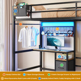 DICTAC Bunk Bed Twin Over Twin Size with Desk and Charging Station L-Shaped Metal Bunk Bed with Led Lights & Storage Shelves and Drawers Twin Size Loft Bed for Teen,Safety Guardrail and Ladder,Black DICTAC
