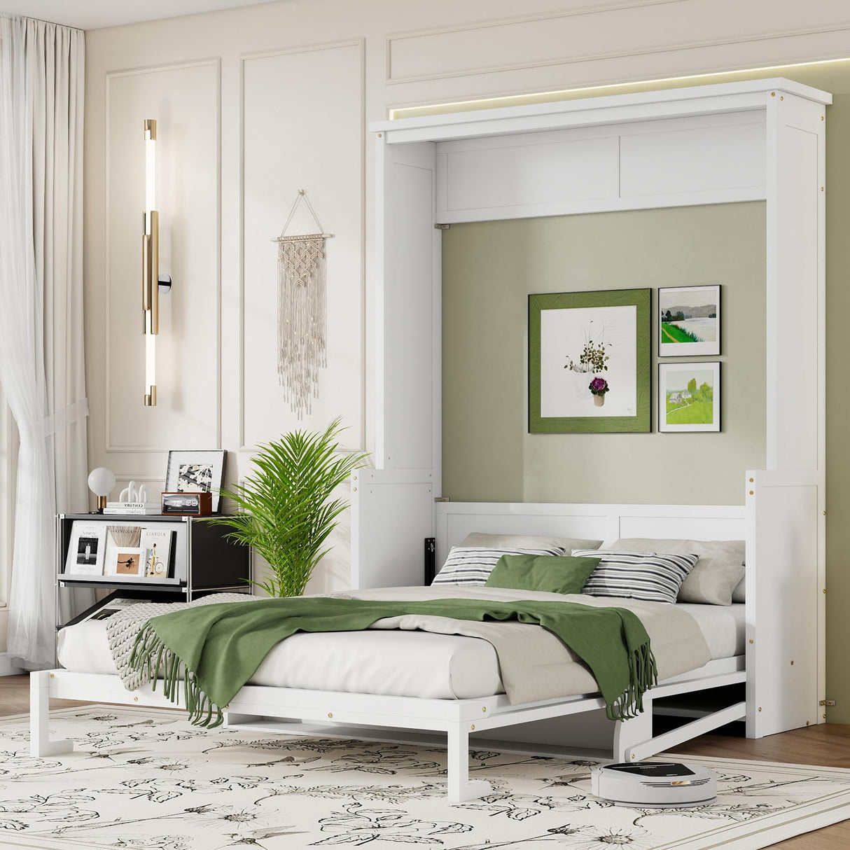 LUMISOL Queen Size Solid Wood Murphy Bed with Desk, Space Saving Hidden Wall Bed, Wall Bed Cabinet with Gas Struts, White LUMISOL