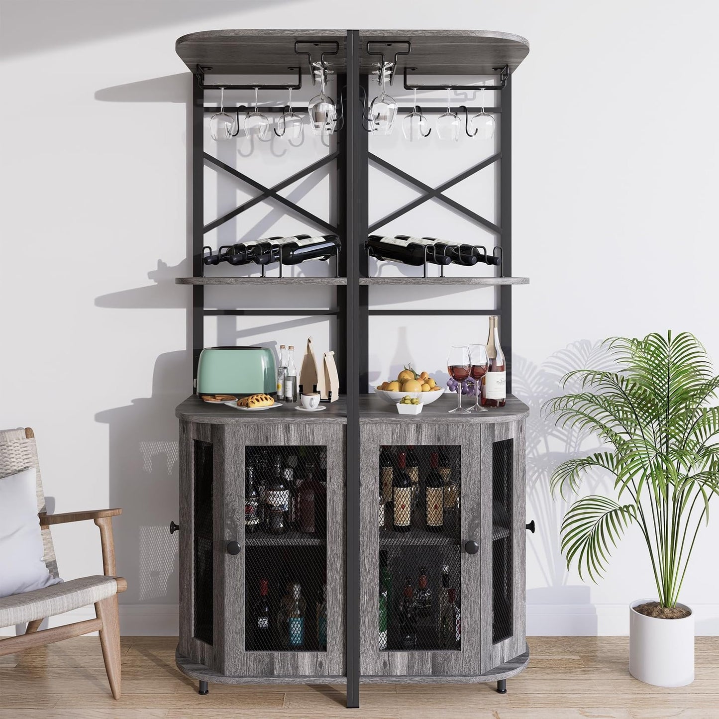 Corner Bar Cabinet, 69" Tall Wine Storage Cabinet with Adjustable Shelf, Industrial Home Display Liquor Cabinet with Glass Holder&Mesh Door, Wine Rack for Dining Room, Kitchen, Living Room (Grey)