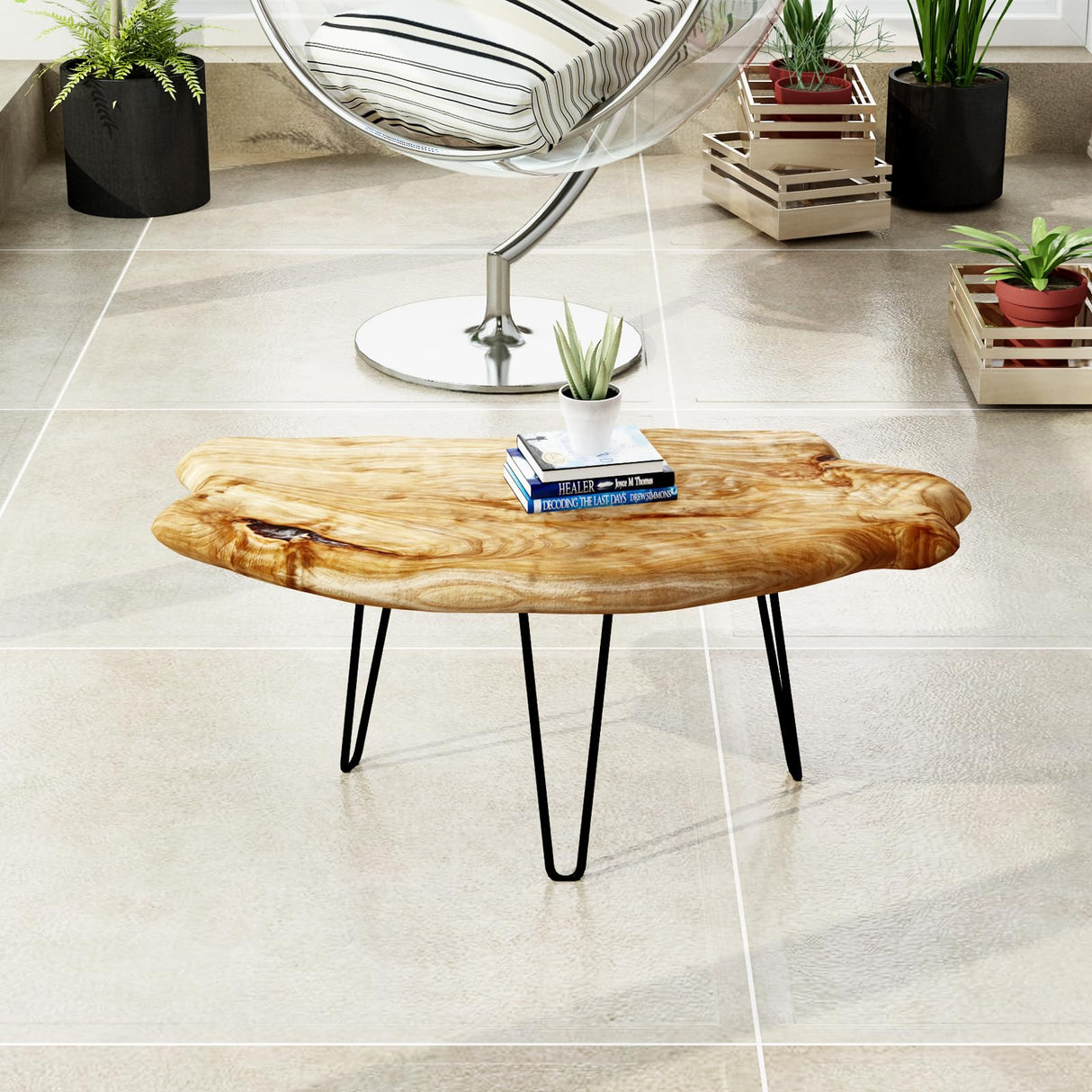 WELLAND Live Edge Cedar Wood Coffee Table Metal Hairpin Legs for Living Room WELLAND