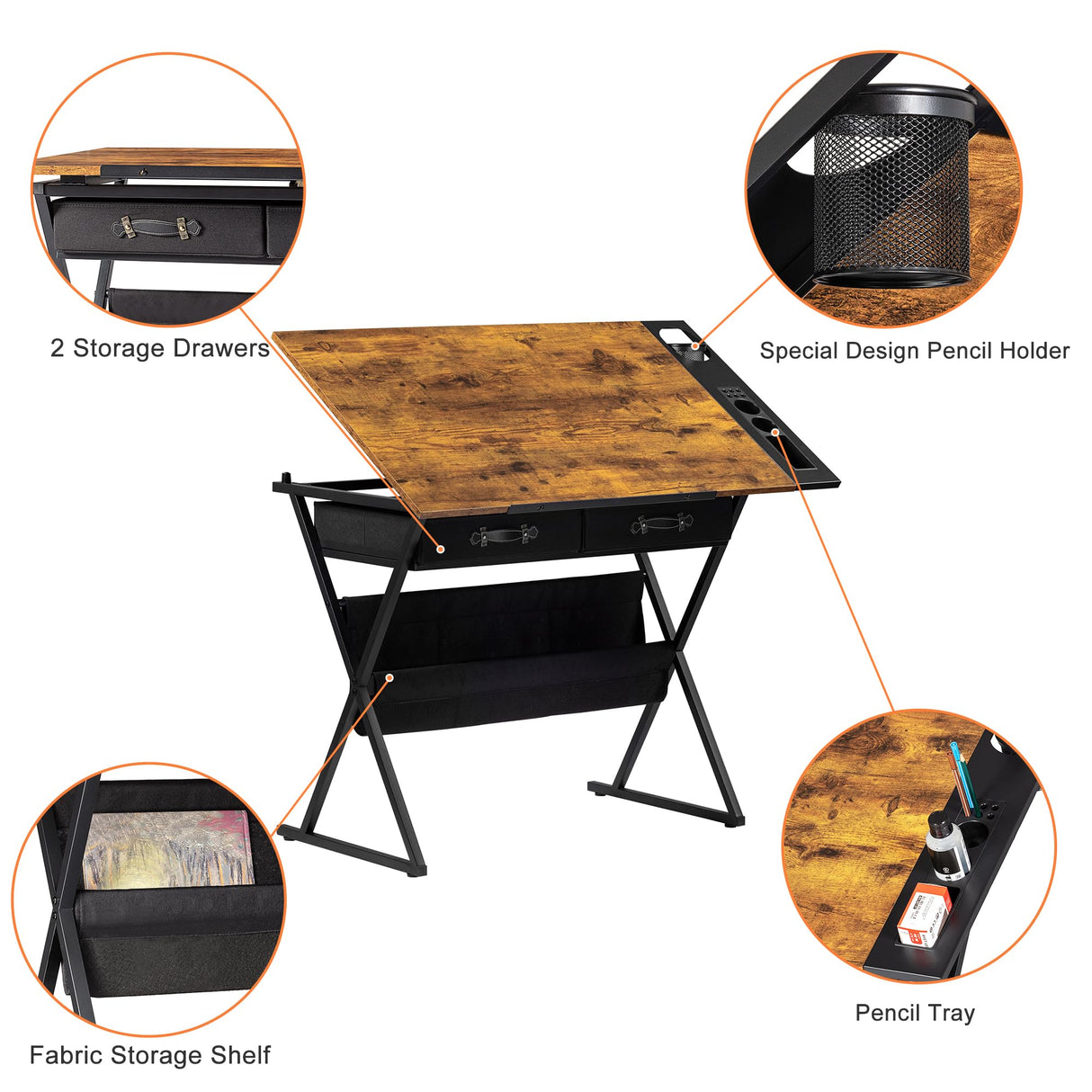 VECELO Drafting Table Adjustable Desk Tilted Tabletop with 2 Storage Drawers and Stool, Art Workstation for Artist Painters Drawing, Crafting, Reading, Writing, Home Office, Rustic Brown VECELO
