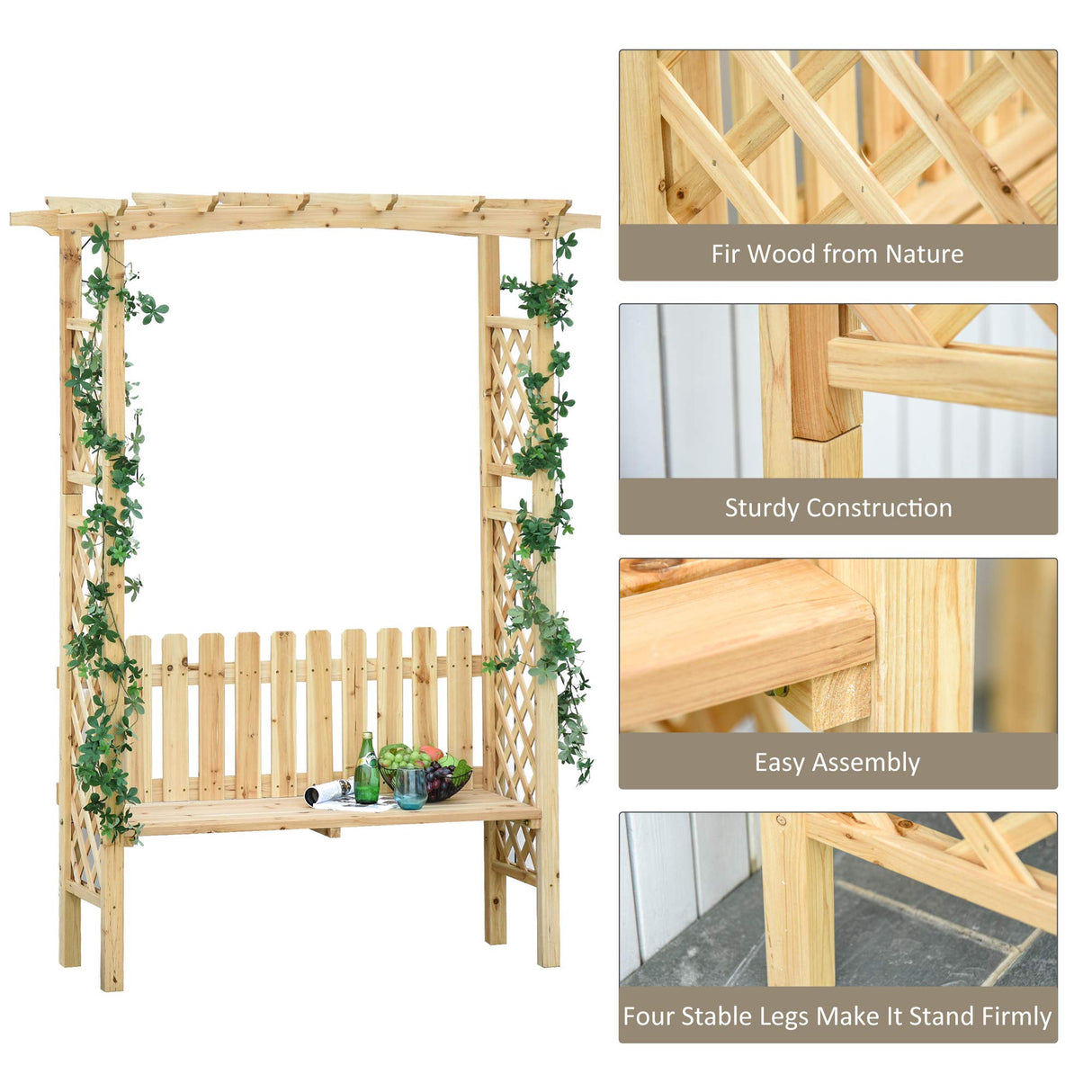 Outsunny Wooden Garden Arbor for Climbing Plants with Garden Bench, Garden Arch to Grow Grapes & Vines, Patio Decor & 2-Person Outdoor Wood Decorative Seating, Natural Outsunny