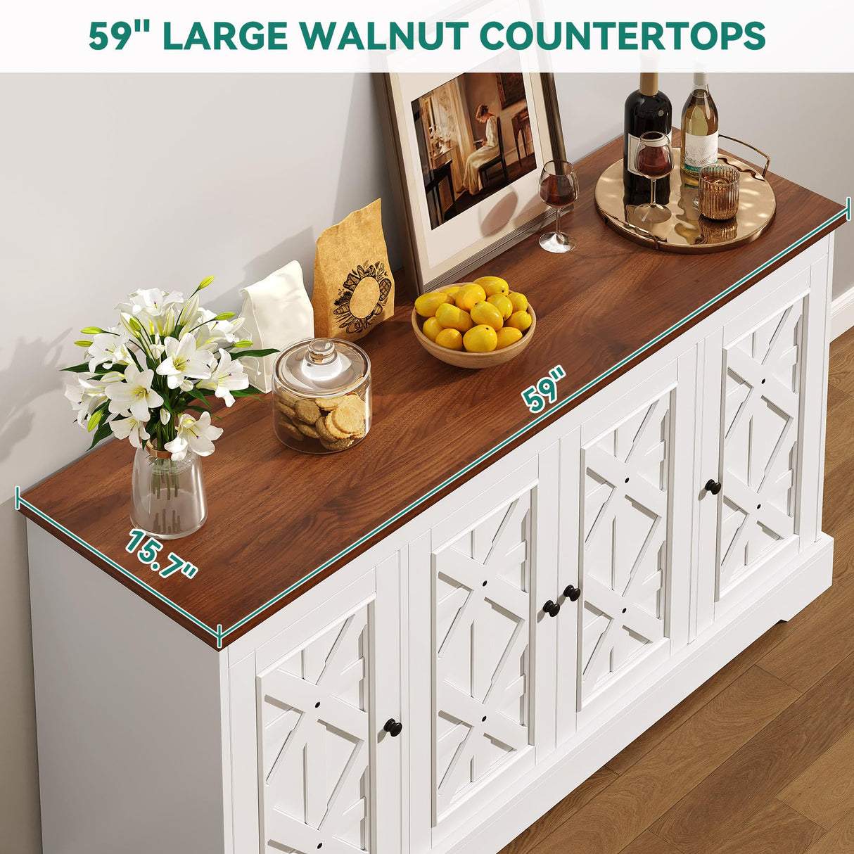 YITAHOME Sideboard Buffet Cabinet with Storage, 59" Buffet Storage with 4 Doors, Modern Farmhouse Coffee Bar Station Wood Kitchen Table with Adjustable Shelves for Kitchen, Living Room (White) YITAHOME