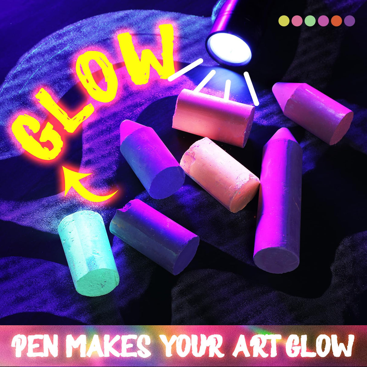12 Pcs 6 Color Glow in the Black Lights Chalk UV Neon Sidewalk Chalk and 2 Pcs UV Flashlight Outdoor Dustless Black Light Party Supplies for Birthday Gift Painting Drawing on Chalkboard Playground Weewooday