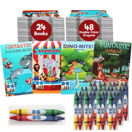 24 Bulk Mini Coloring Books & Crayons For Kids, 4 Colors Thicker Crayons For Each Book, Great Party Favors And Goodie Bags Travel Activity With Kids, Doctors Office, (24 PACK) Bottles N Bags