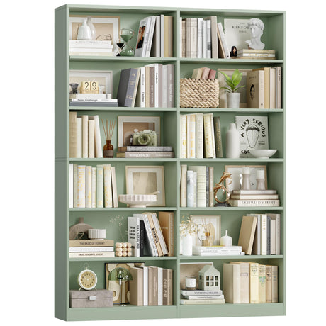 FACBOTALL Bookshelf and Bookcase, 6-Tier Double Wide Bookshelves, Freestanding Display Storage Shelves, Tall Bookcases for Home Decor Bedroom, Living Room, Home Office, Green FACBOTALL