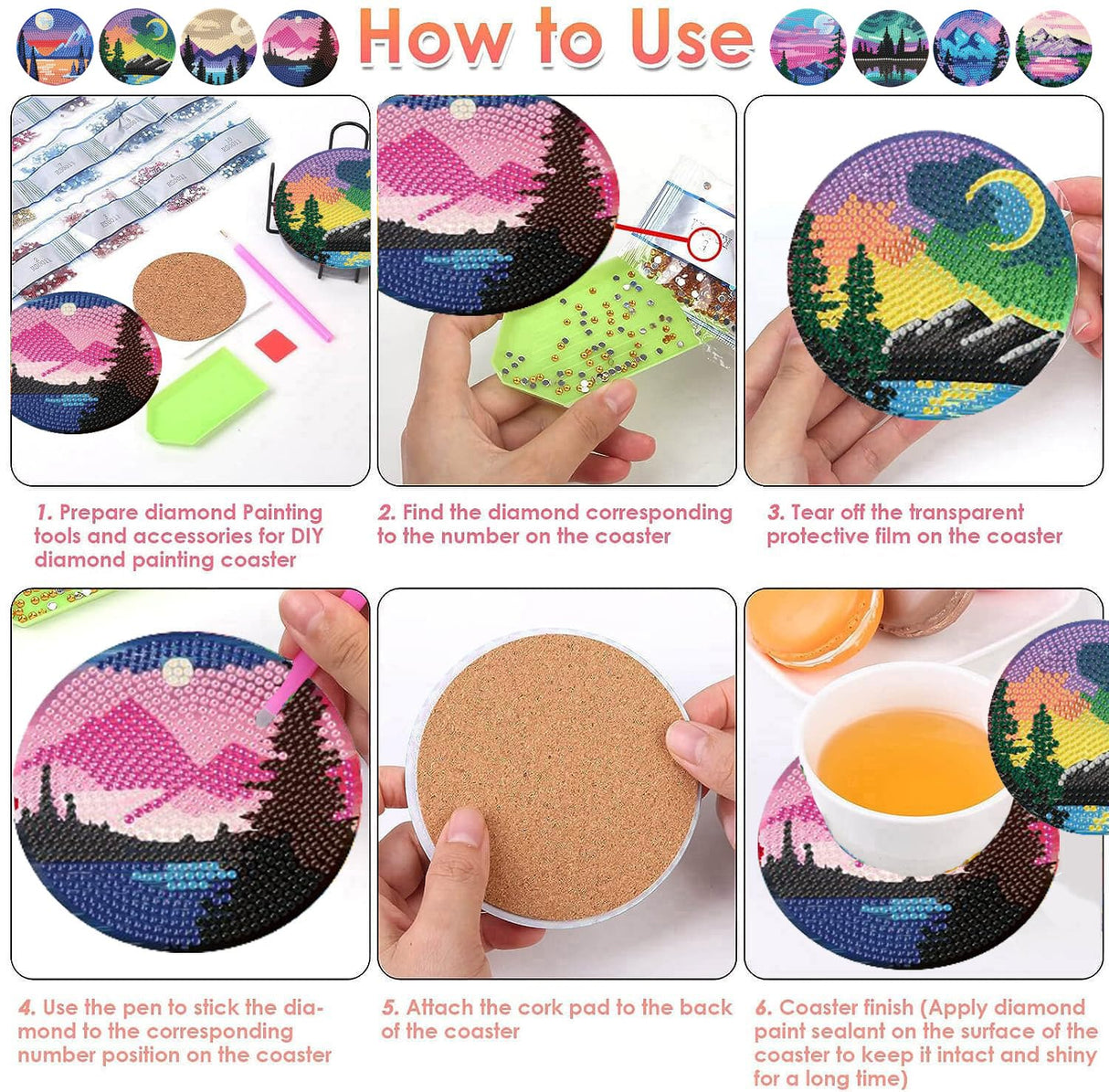 ijbnhd Sunsets Diamond Painting Coasters Kits, 8 Pieces Sunsets Diamond Art Coasters with Holder, DIY Art kit for Beginners 4X4inch (Cork Wooden Pad) ijbnhd