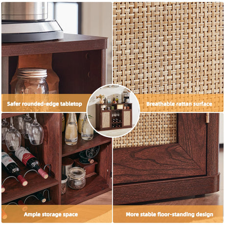 Lerliuo Rattan Wine Cabinet with 2 Doors, Boho Liquor Cabinet with Wine Racks, Farmhouse Coffee Bar Station for Living Room, Dining Room, Kitchen, Walnut Lerliuo